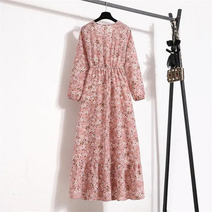 Spring Summer Women Maxi Dresses Casual Floral Printed O-neck Dress