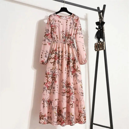 Spring Summer Women Maxi Dresses Casual Floral Printed O-neck Dress - 15 / M