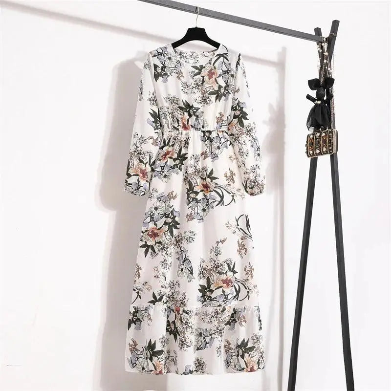 Spring Summer Women Maxi Dresses Casual Floral Printed O-neck Dress - 8 / L
