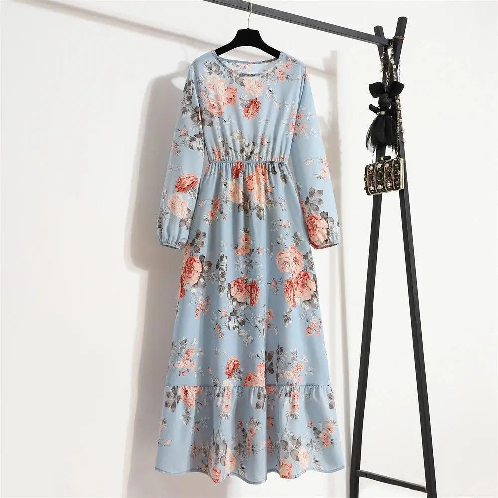 Spring Summer Women Maxi Dresses Casual Floral Printed O-neck Dress - 16 / XL