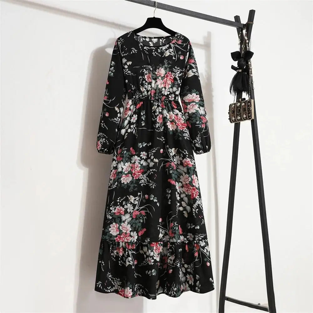 Spring Summer Women Maxi Dresses Casual Floral Printed O-neck Dress - 12 / L