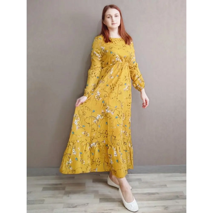 Spring Summer Women Maxi Dresses Casual Floral Printed O-neck Dress