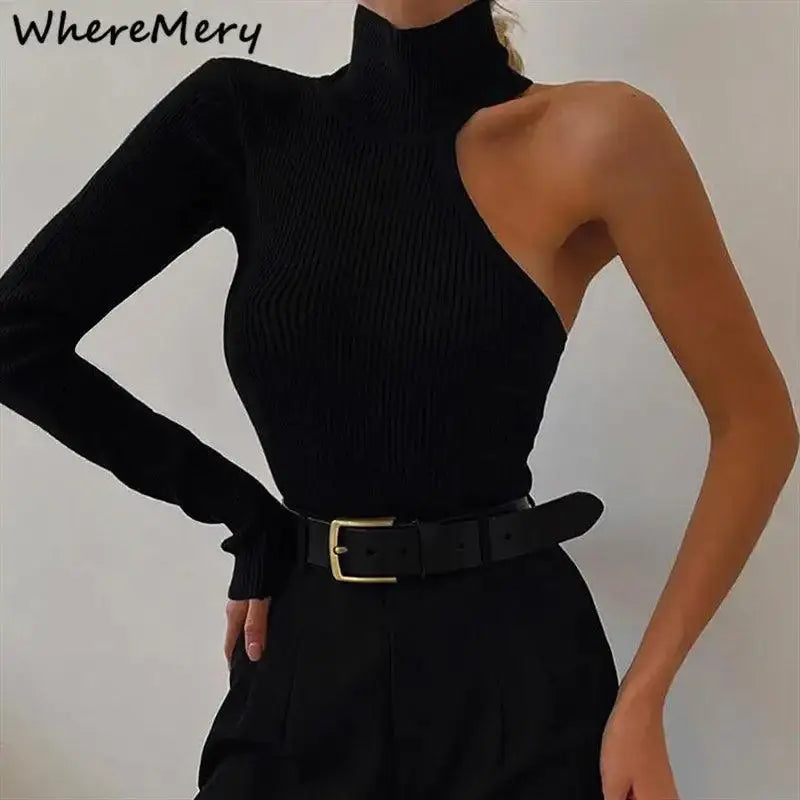 WhereMery Fantasy Off Shoulder Bodysuit Sexy Turtleneck - black / S
