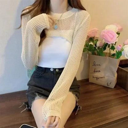 Women Y2k Crochet Knit Hollow Out Crop Top Shrug Cardigan