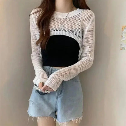 Women Y2k Crochet Knit Hollow Out Crop Top Shrug Cardigan