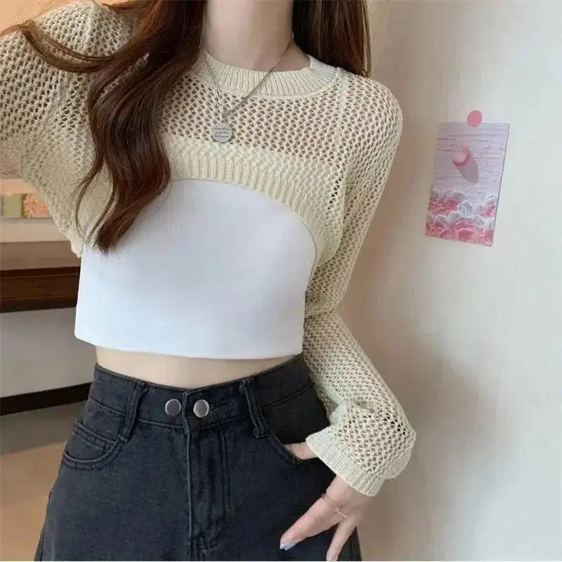 Women Y2k Crochet Knit Hollow Out Crop Top Shrug Cardigan