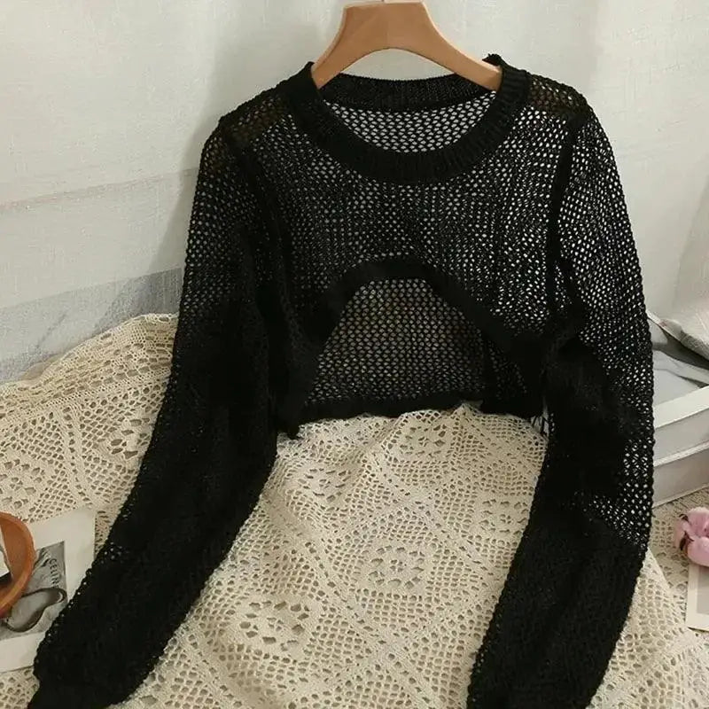 Women Y2k Crochet Knit Hollow Out Crop Top Shrug Cardigan - black / One size(35-57kg)