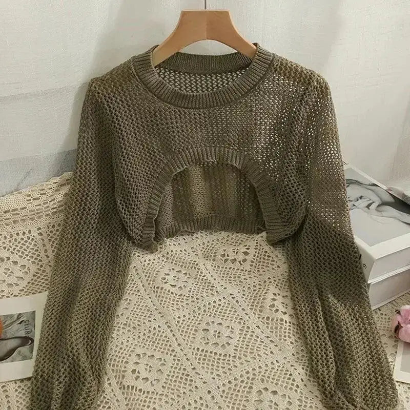 Women Y2k Crochet Knit Hollow Out Crop Top Shrug Cardigan - Khaki / One size(35-57kg)