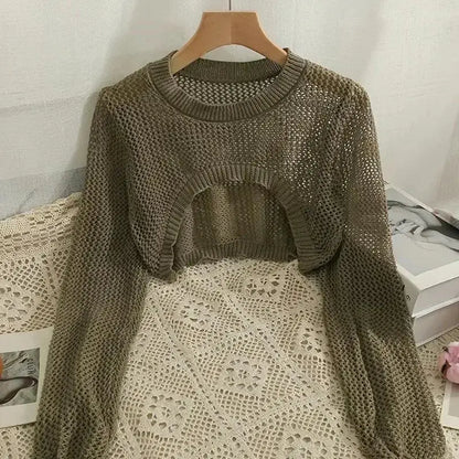 Women Y2k Crochet Knit Hollow Out Crop Top Shrug Cardigan - Khaki / One size(35-57kg)