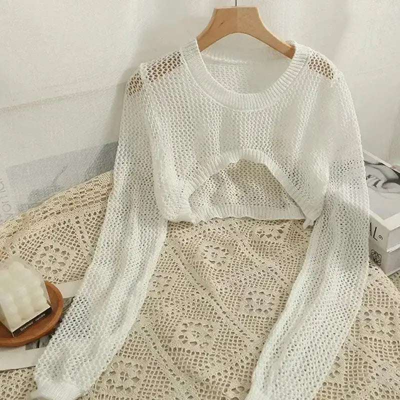 Women Y2k Crochet Knit Hollow Out Crop Top Shrug Cardigan - WHITE / One size(35-57kg)